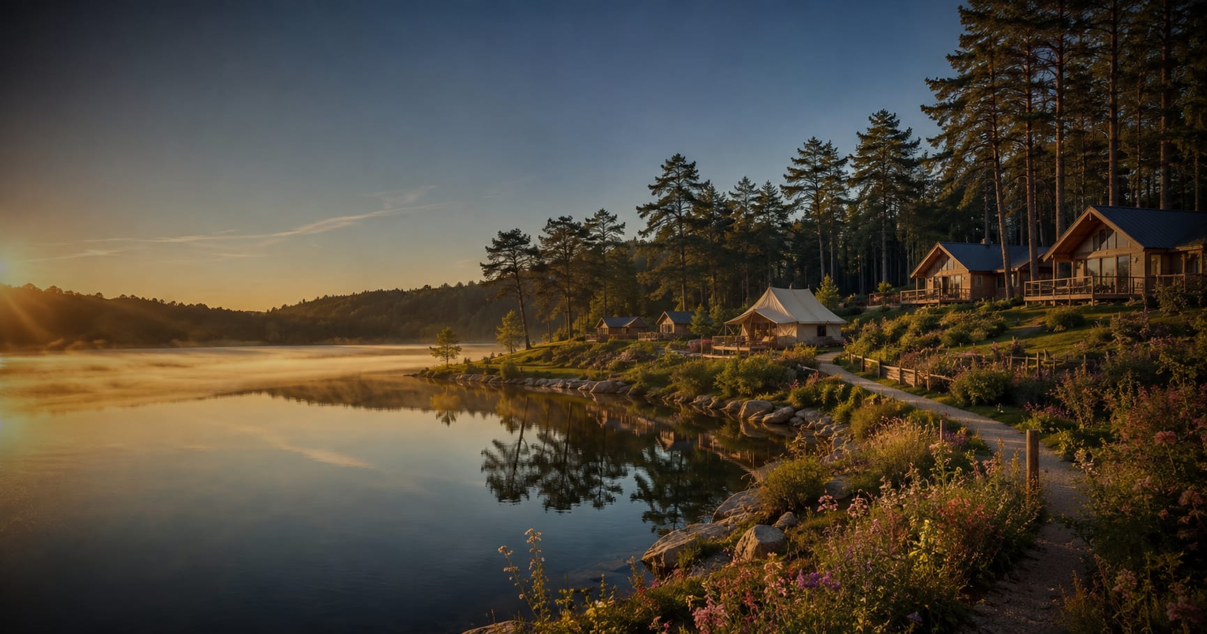 Chalets aan een meer bij zonsopkomst, met mist boven het water